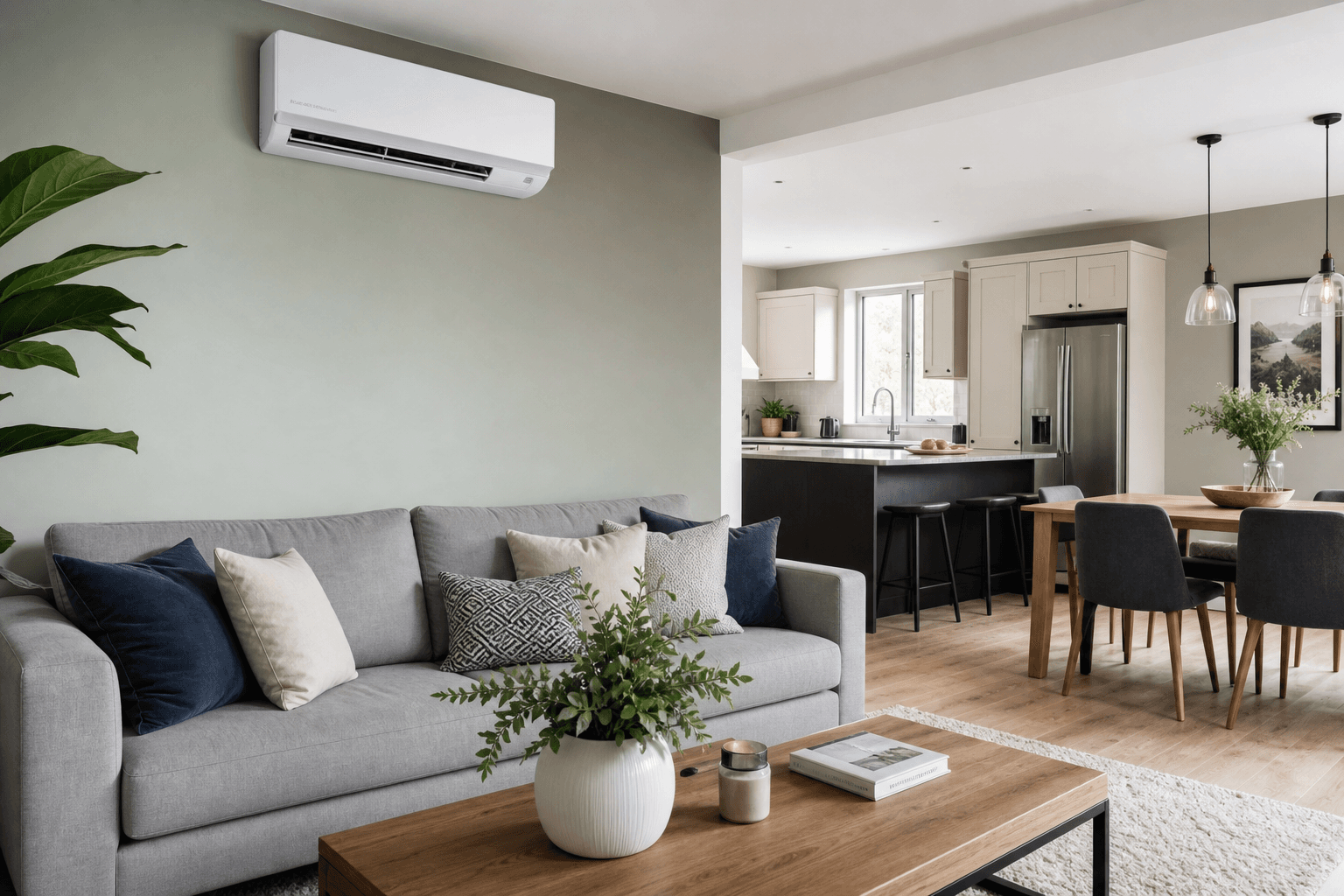 Wall-mounted air conditioning unit in a UK living room