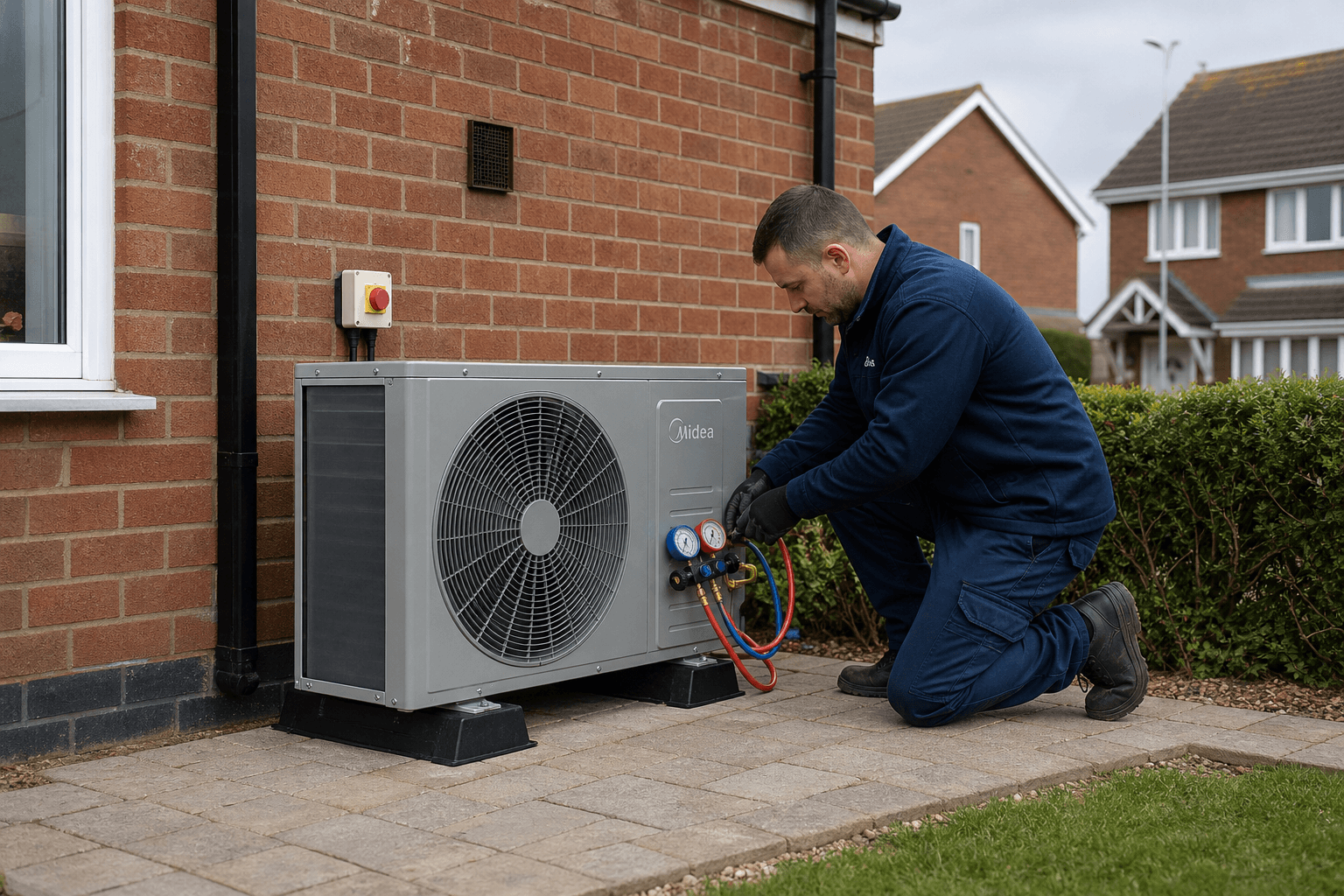 Engineer commissioning an outdoor condenser unit