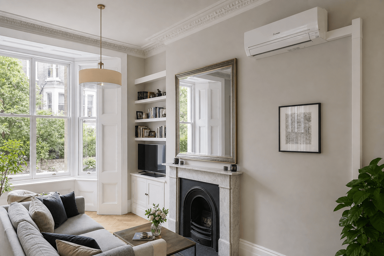 Wall-mounted split system in a modern UK living room