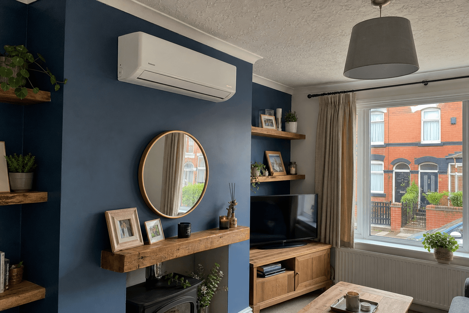Wall-mounted AC in a Manchester red-brick terrace