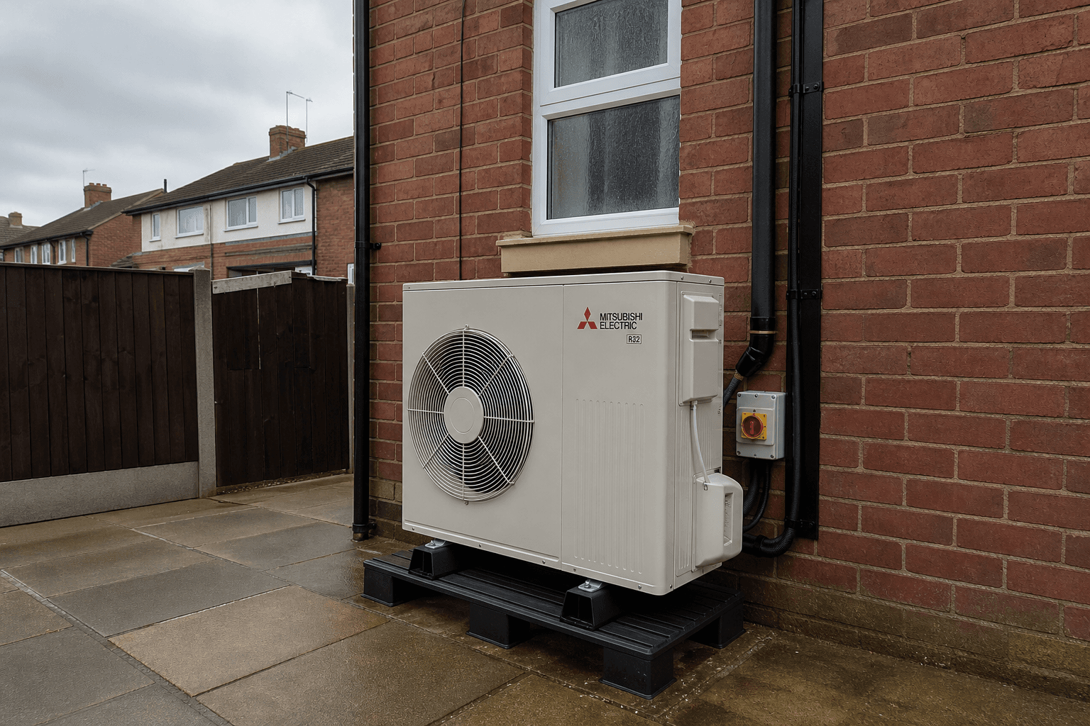 Outdoor condenser beside a Trafford semi-detached home